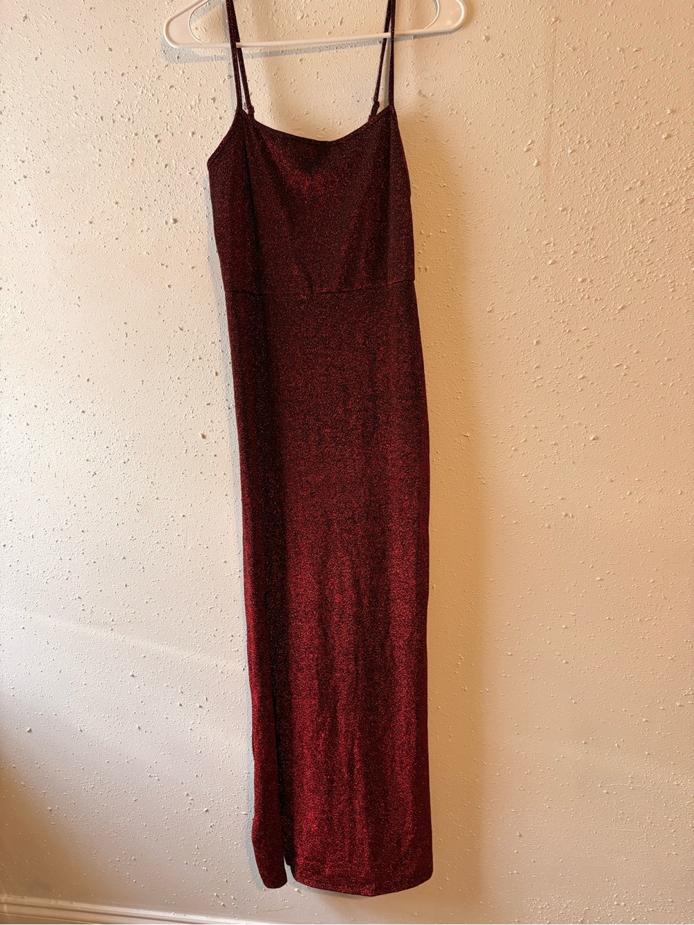 SHEIN Shimmery Dark Red Spaghetti Strap Maxi Dress With Leg Slit